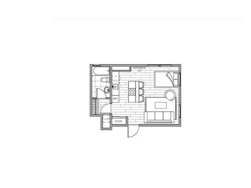 Lotus Cityline Apartments in Downtown Salt Lake City, Utah. 2D floor plan of the 413 square foot studio, 1 bath floor plan